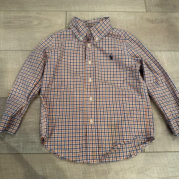 RALPH LAUREN BOYS ORANGE AND BLUE LONG SLEEVE BUTTON UP SHIRT SIZE 4 - Picture 1 of 6